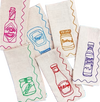 Set of fabric napkins with colorful condiment illustrations on a white background. Embroidered Linen Napkins | See & Quin | Shop Fodder