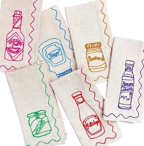 Embroidered Condiment Linen Napkins | Set of 6