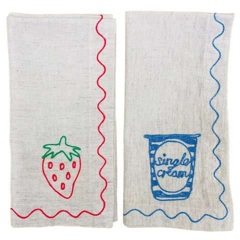 Embroidered Strawberries & Cream Napkins | Set of 2