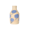 Beige vase with blue floral patterns on a white background. Sophie Alda Yarrow Bottle Vase | Shop Fodder