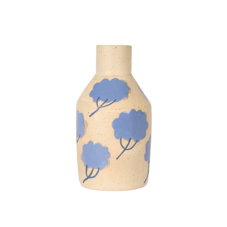 Beige vase with blue floral patterns on a white background. Sophie Alda Yarrow Bottle Vase | Shop Fodder