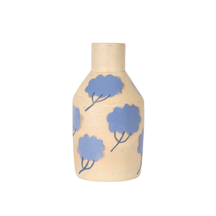 Beige vase with blue floral patterns on a white background. Sophie Alda Yarrow Bottle Vase | Shop Fodder