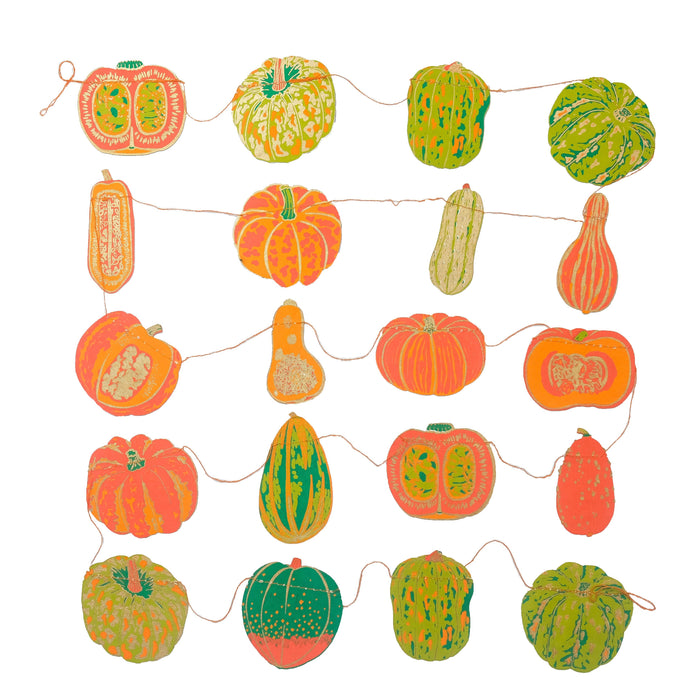 Decorative string with colorful pumpkins and gourds on a white background. Squash Autumn Handprinted Garland | East End Press | Shop Fodder