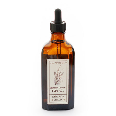 Brown glass bottle with dropper labeled 'WASI' on a white background | Infused Seaweed Body Oil | WASI Seaweed | Shop Fodder