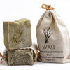 Two bars of WASI soap with a drawstring bag on a white background | Handmade Irish Seaweed Soap | WASI Seaweed | Shop Fodder