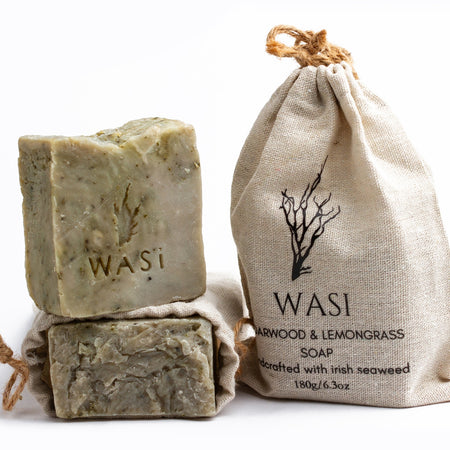 Two bars of WASI soap with a drawstring bag on a white background | Handmade Irish Seaweed Soap | WASI Seaweed | Shop Fodder
