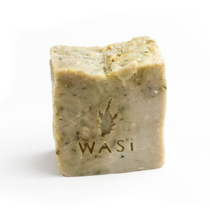 Bar of soap with 'WASI' branding on a white background | Handmade Irish Seaweed Soap | WASI Seaweed | Shop Fodder