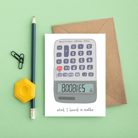 slightly naughty greetings card that has the word "boobies" written on a calculator. 
