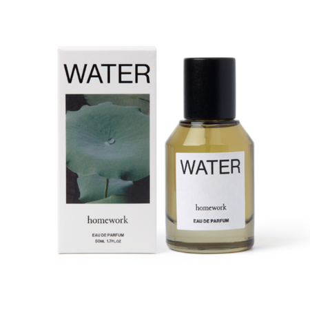 Homework 'Water' eau de parfum bottle and packaging on a white background  | Homework Store | Shop Fodder