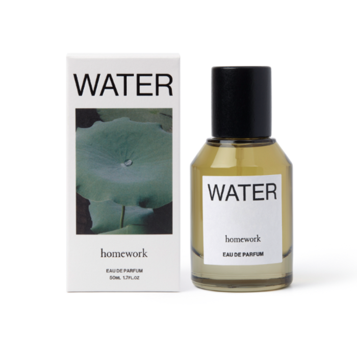 Homework 'Water' eau de parfum bottle and packaging on a white background  | Homework Store | Shop Fodder