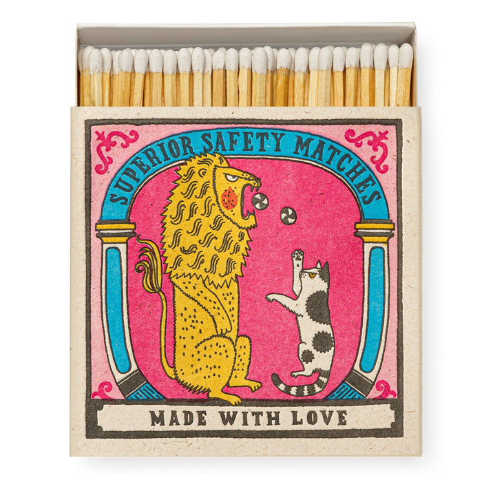 Matches with a colorful design featuring a lion and a cat on a pink background. - Matches | Archivist Gallery | Shop Fodder
