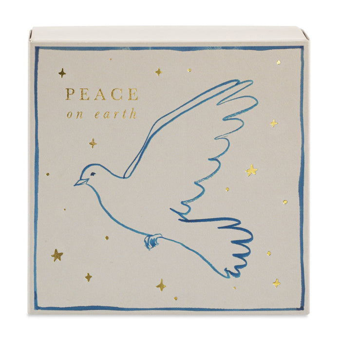 Box with a dove illustration and 'Peace on earth' text on a light gray background - Matches | Archivist Gallery | Shop Fodder