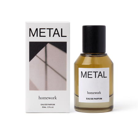 Perfume bottle and packaging labeled 'Metal' by 'homework' on a white background | Homework Store | Shop Fodder
