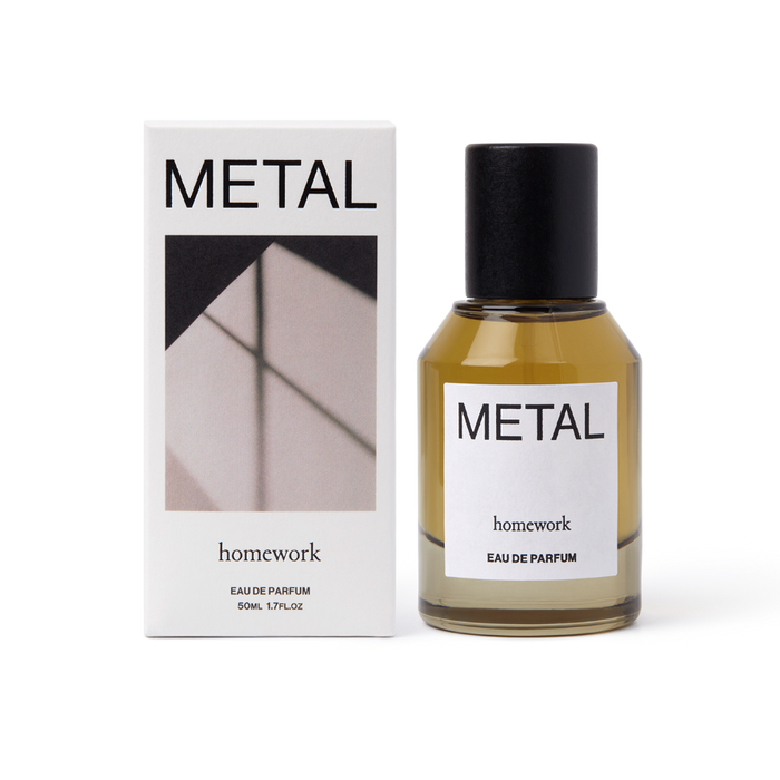 Perfume bottle and packaging labeled 'Metal' by 'homework' on a white background | Homework Store | Shop Fodder