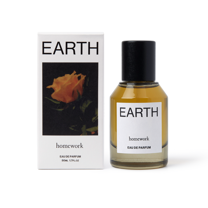 Perfume bottle and packaging labeled 'Earth' by Homework on a white background | Homework Store | Shop Fodder