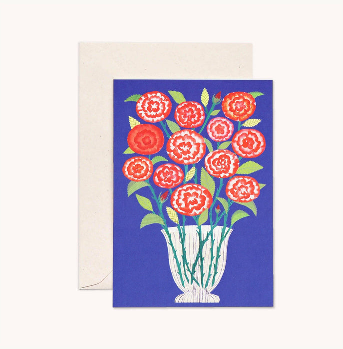 Greeting card with red flowers in a vase on a blue background.  | Hadley Paper Goods | Shop Fodder