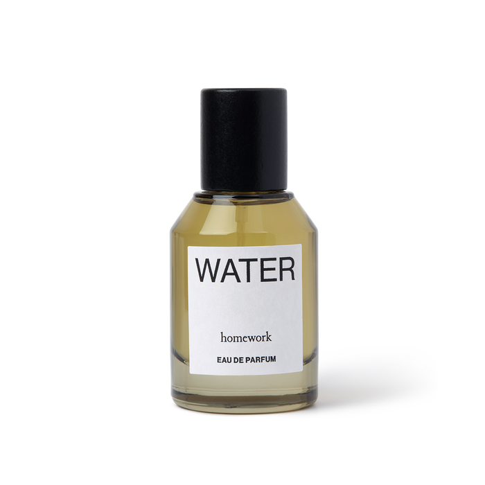 Perfume bottle labeled 'Water' by 'homework' on a white background | Homework Store | Shop Fodder