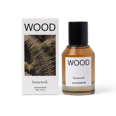 Perfume bottle and packaging labeled 'WOOD homework' on a white background | Homework Store | Shop Fodder
