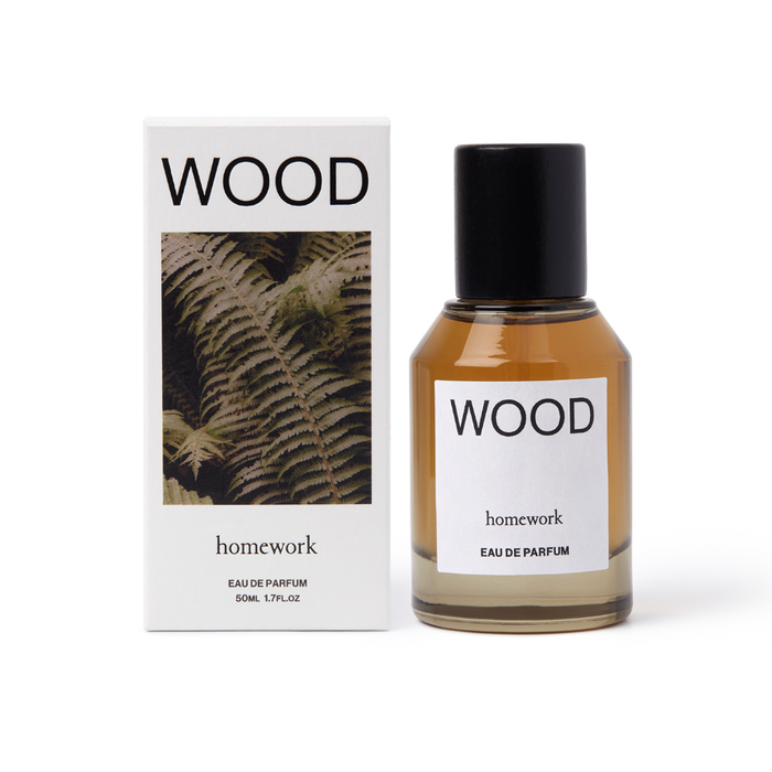 Perfume bottle and packaging labeled 'WOOD homework' on a white background | Homework Store | Shop Fodder
