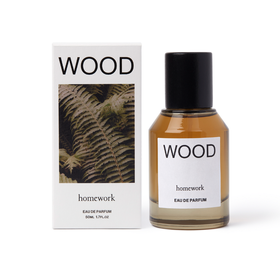 Perfume bottle and packaging labeled 'WOOD homework' on a white background | Homework Store | Shop Fodder