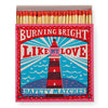 Matches box with a lighthouse design and text 'Burning bright like my love'. - Matches | Archivist Gallery | Shop Fodder