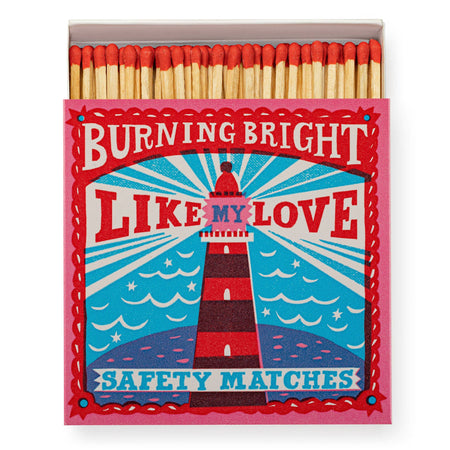 Matches box with a lighthouse design and text 'Burning bright like my love'. - Matches | Archivist Gallery | Shop Fodder