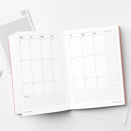 Open planner on a desk with a cup of coffee, pencils, and a notebook. 2026 Planner | Kinshipped | Shop Fodder
