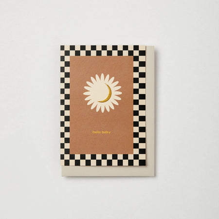 New Baby greetings card with a moon design and 'hello baby' text on a checkered border. | Kinshipped | Shop Fodder